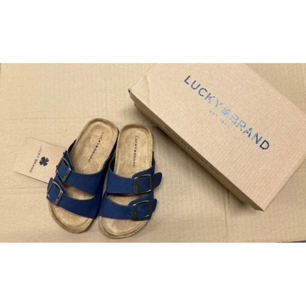 Lucky Brand Blanc Kids Sandals Navy Blue Suede Double Buckle Slides‎ US 12